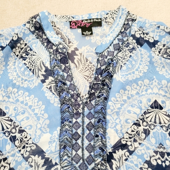Peck & Peck Women's Blouse Size M Blue White Paisley Tunic Top Boho Embroidered - Picture 7 of 12